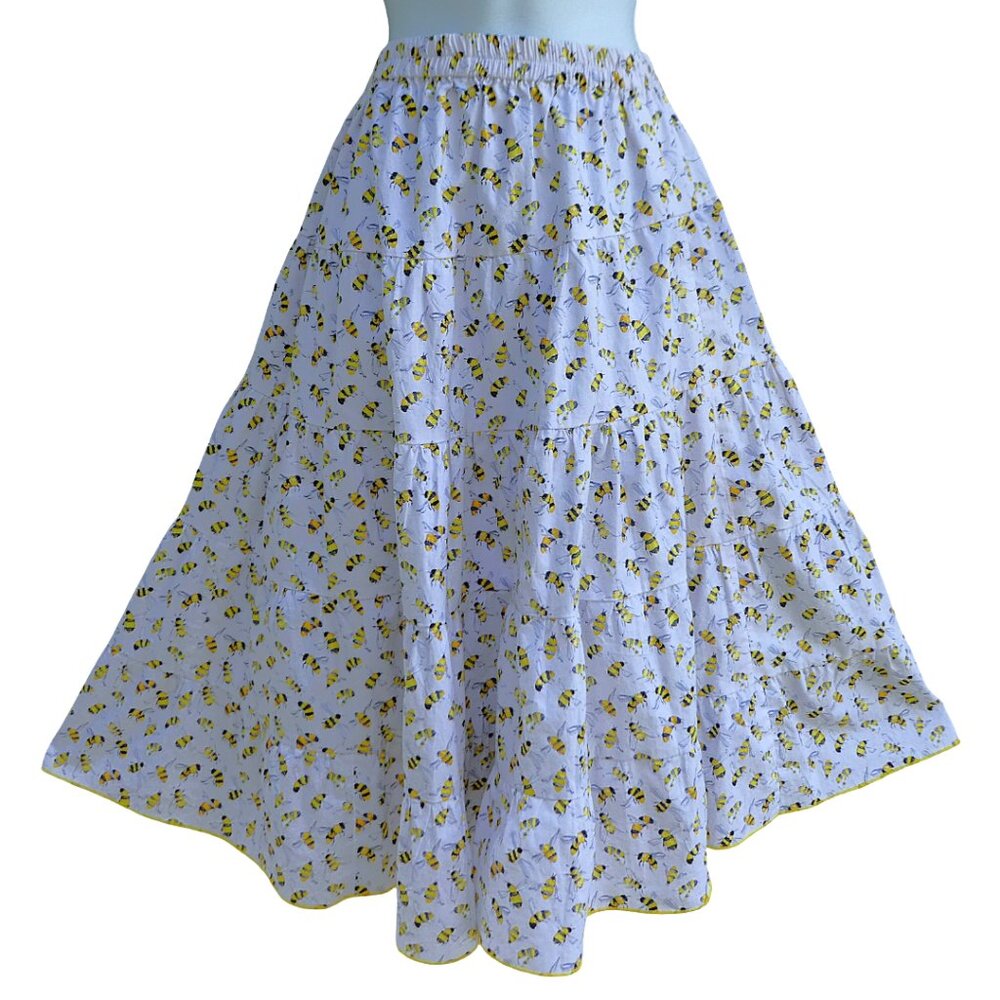 Vintage Bumble Bee Peasant Midi White Skirt Tiered Ruffle Elastic Waist A Line M